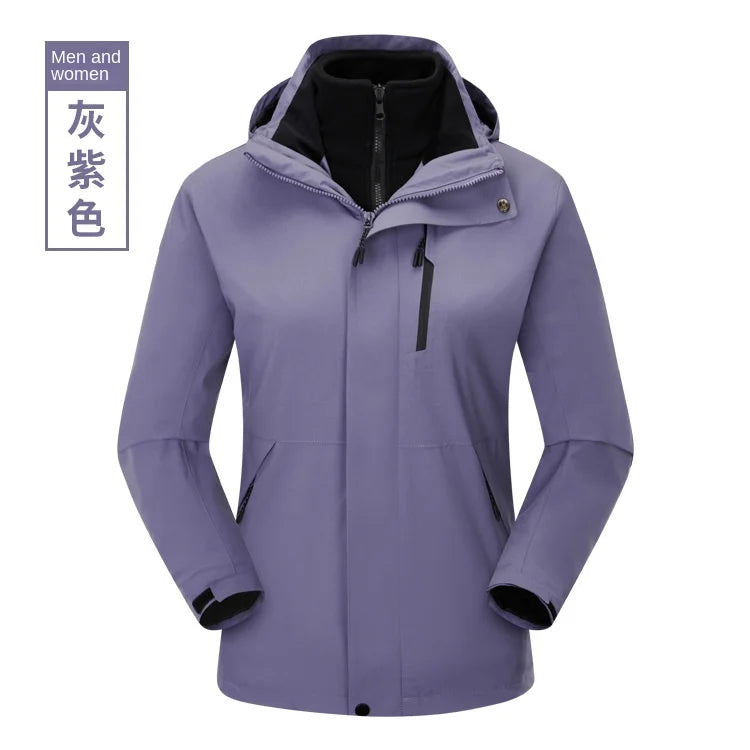 Men's Women's Waterproof Outdoor Winter Jacket Stand Detachable Three-in-One Windproof Cold-Proof Features Solid Zipper for