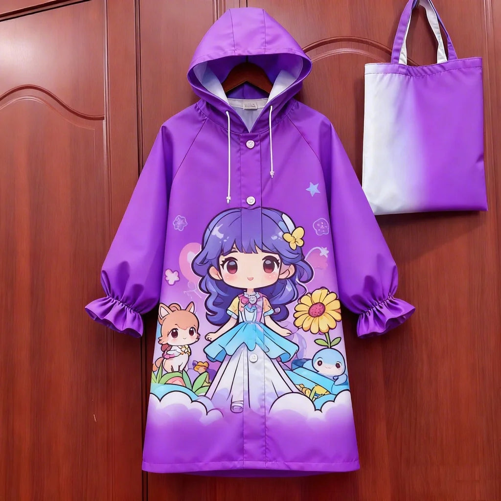 Waterproof Raincoat with Cartoon Pattern Print Durable Rain Gear for Outdoor Activities-Hiking School-Reusable for Boys Girls
