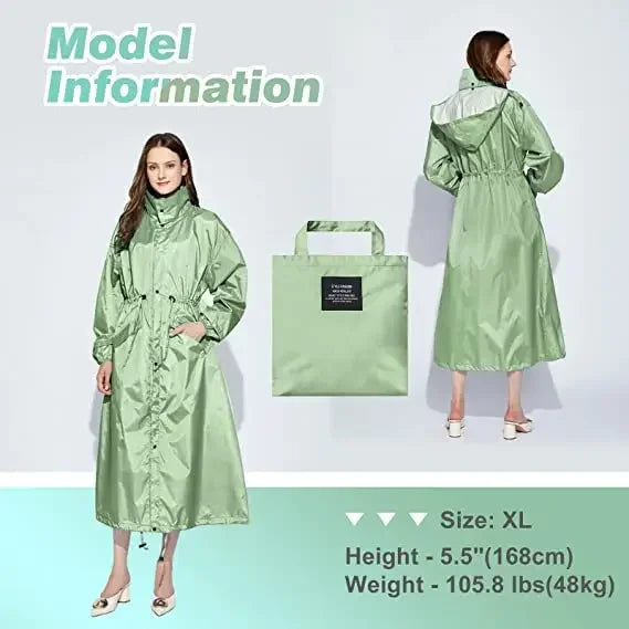 Customized Rain Jacket Women's Windproof Hooded Rain Jacket Green Long, Waterproof,Outdoor Raincoat Poncho With Adjustable Waist