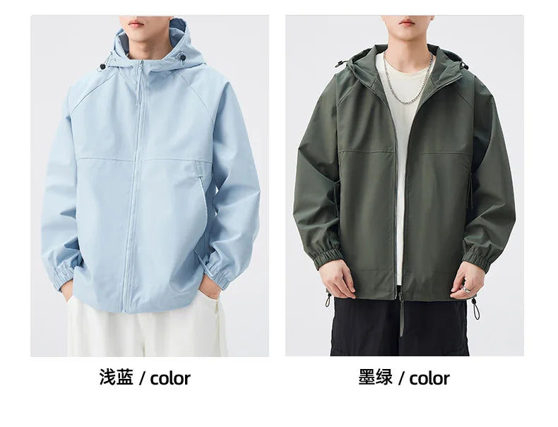 Lightweight Men's Rain Jacket for Autumn Spring Windproof 3D Embroidery Logo Zipper Prints Stand Breathable for Outdoor Use