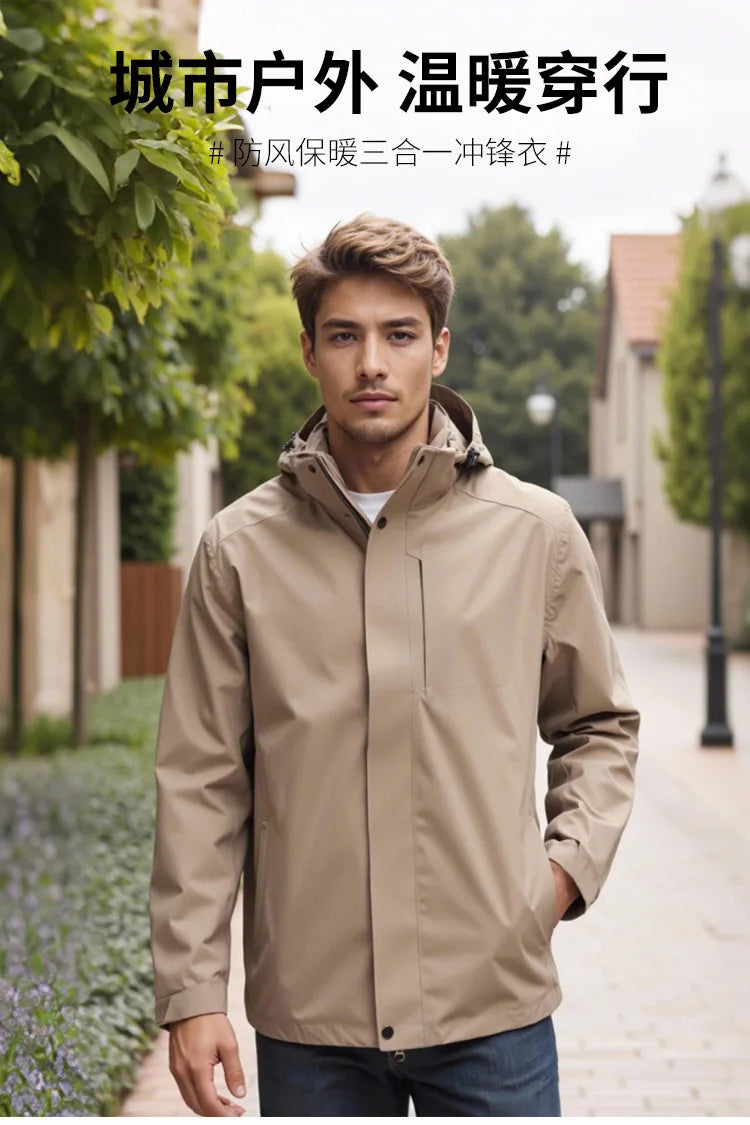 Factory Wholesale Men's Waterproof Hooded Fleece Jacket Removable Two-Piece Polyester Lining Printed Logo Polyester Shell 3XL