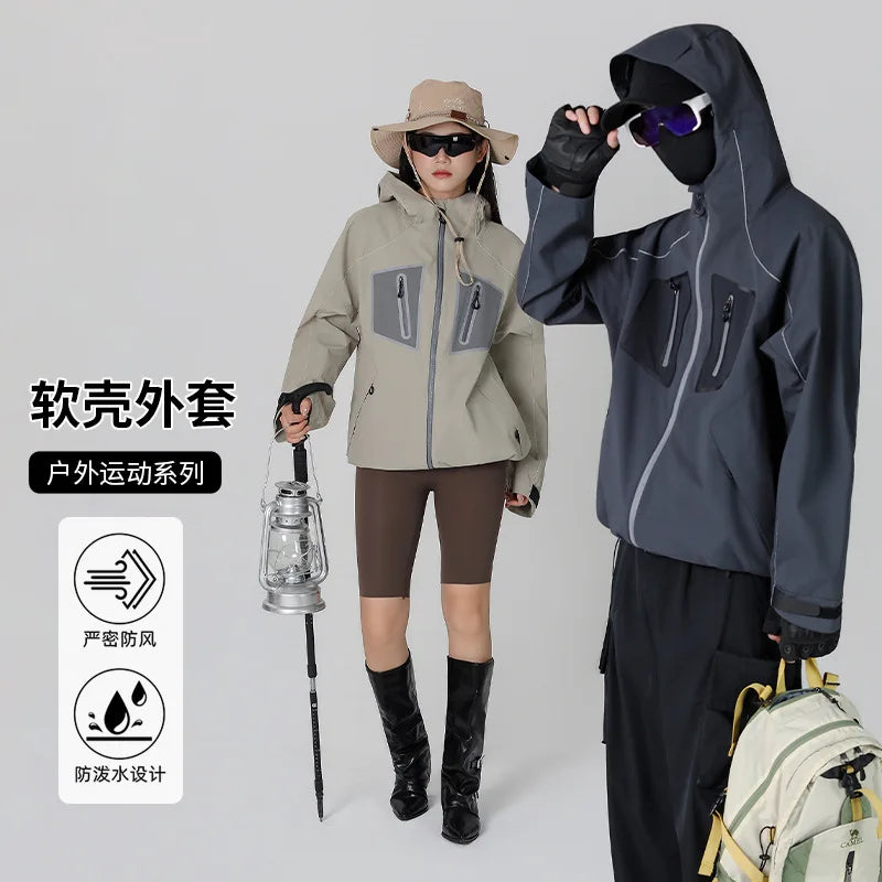 Hard Shell Casual Stand Waterproof Breathable Autumn Hooded Bomber Jacket Woven Front Logo Unisex Color Pocket