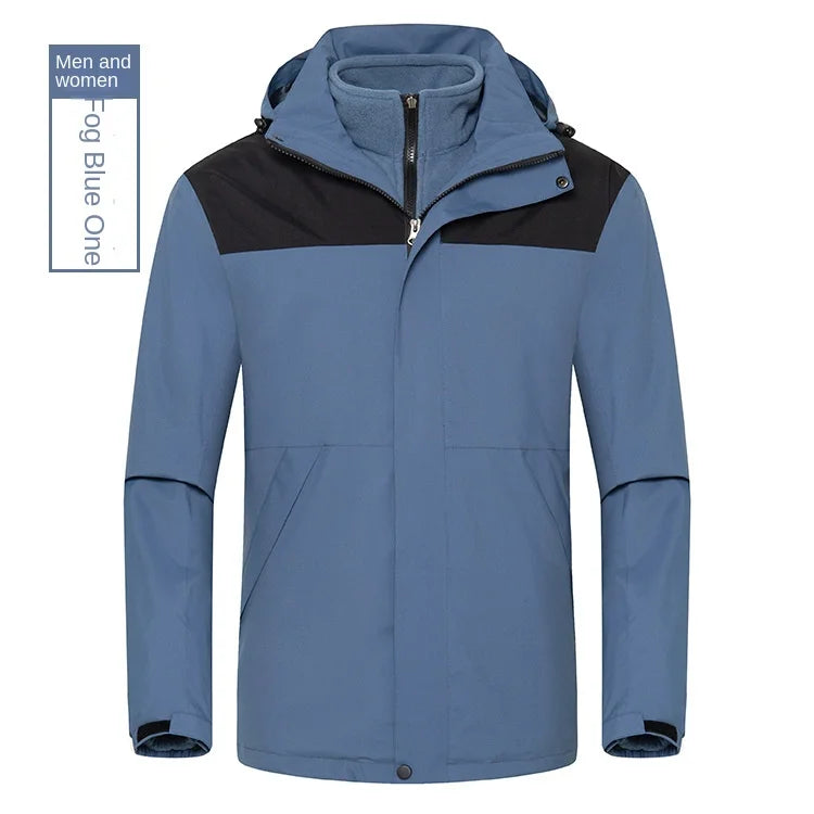 Winter Outdoor Waterproof Detachable Two-Piece Jacket for Men Women Stand Zipper Solid Three-in-One Windproof Cold-Proof