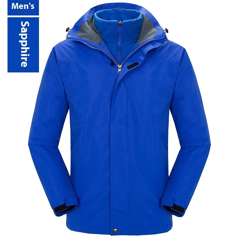 Men's Women's Solid Color Outdoor Jacket Detachable Two-Piece Three-in-One Ski Suit Stand Windproof Fleece-Lined Thickened