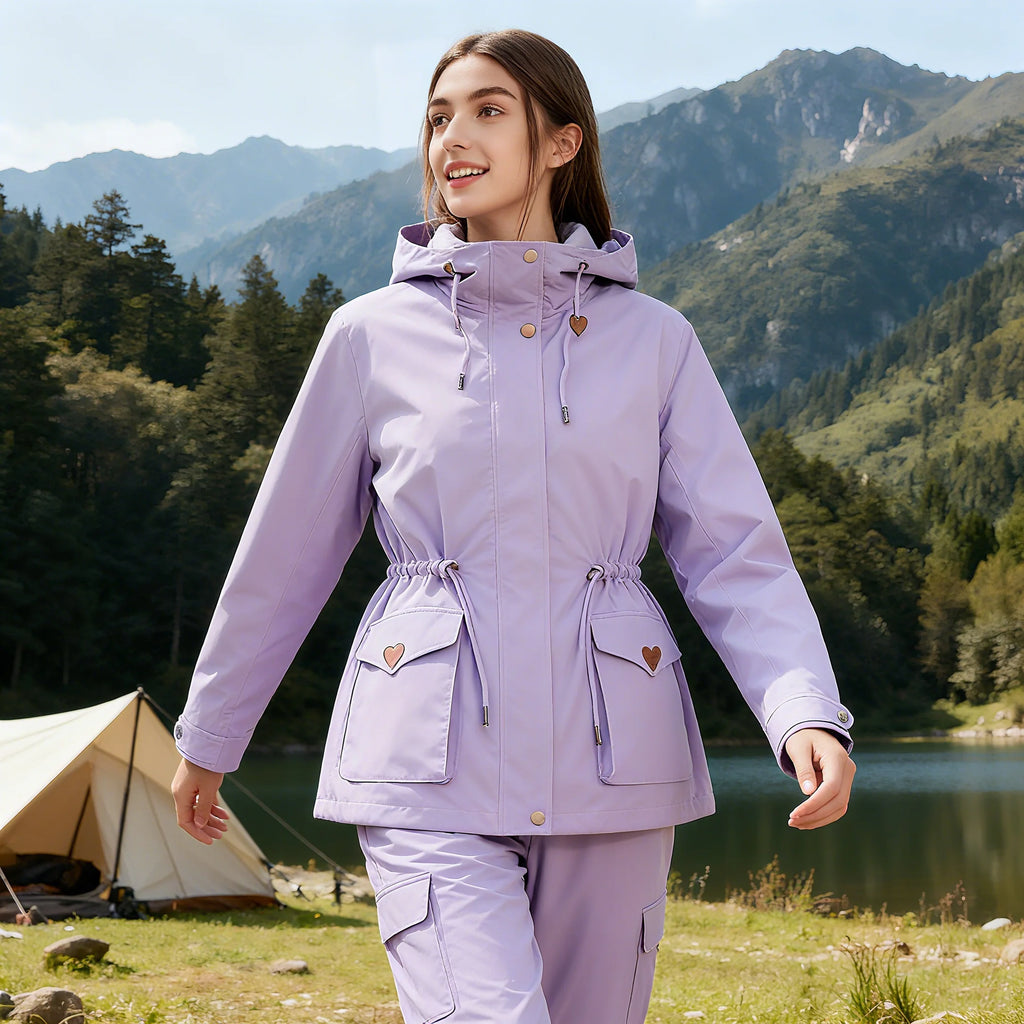 Women's Mid-Length Stand Collar Rain Jacket Waterproof Windbreaker Removable Inner Raincoat Coated for Fall Winter Outdoor Wear