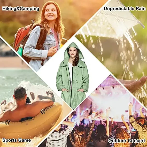 Customized Rain Jacket Women's Windproof Hooded Rain Jacket Green Long, Waterproof,Outdoor Raincoat Poncho With Adjustable Waist