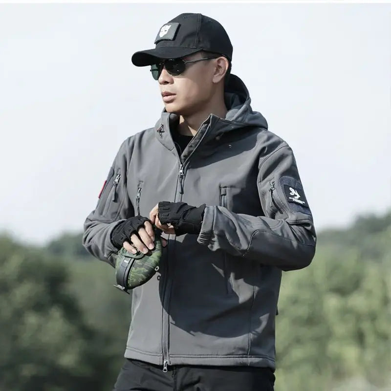 Autumn Winter Soft Shell Outdoor Clothes Men's Casual Stand Collar Jacket Windproof Waterproof Reversible Hooded Zipper Front