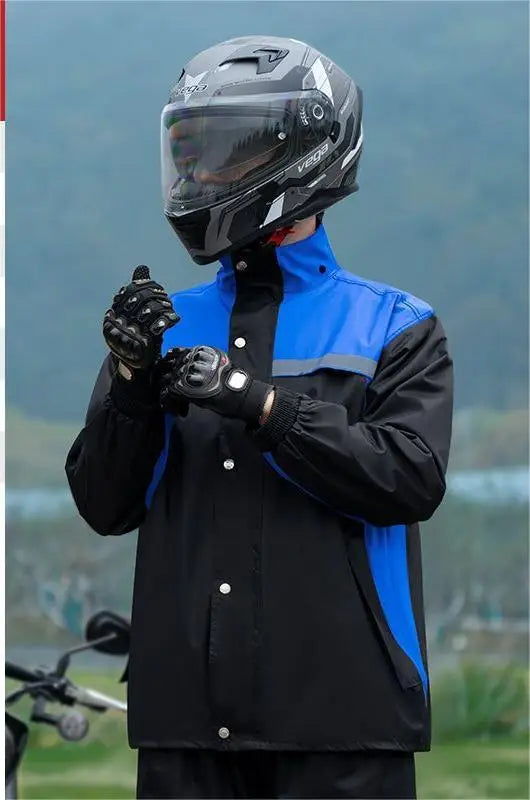 Men's Moto Style Long-Body Nylon Raincoat Rainpants Suit Windproof Quick-Drying Split-Style Hooded Poncho Pattern for Motorcycle