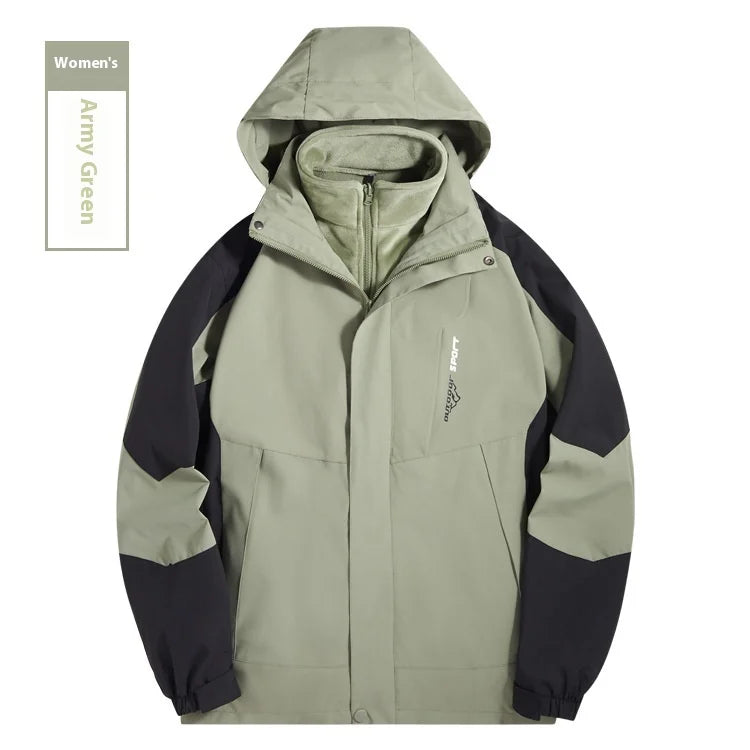 Autumn Winter Three-in-One Detachable Tibetan Mountaineering Jacket for Men Women Stand Windproof Waterproof Two-Piece Outdoor