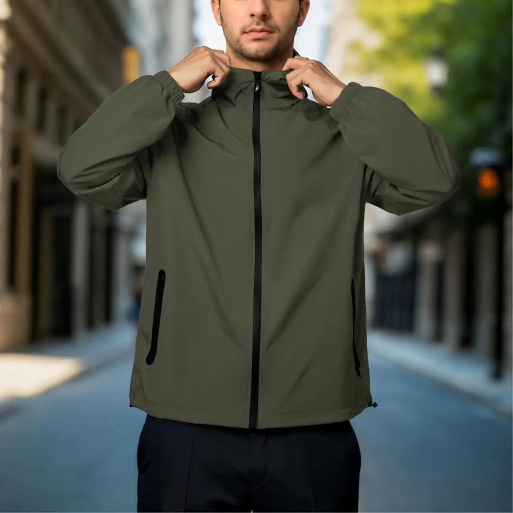 Men's Winter Waterproof Windbreaker Plain Dyed Lightweight Hooded Casual Bomber Jacket for Daily Hiking & Cycling