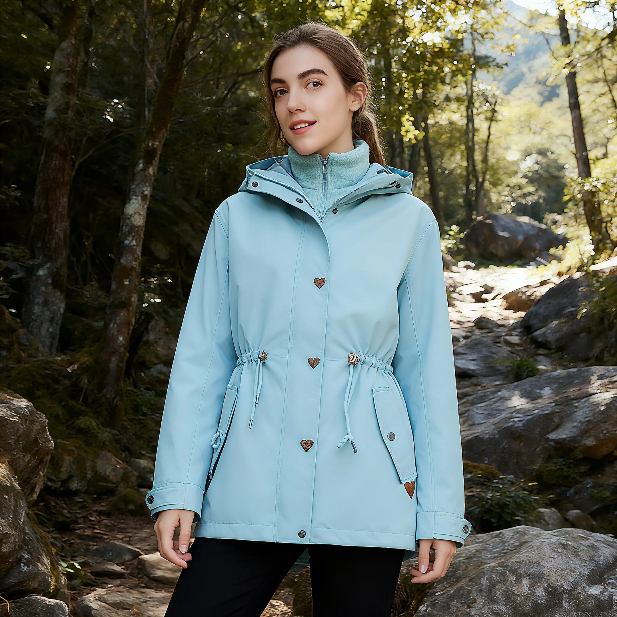 Women's Mid-Length Stylish Rain Jacket Waterproof Windproof Fall Winter Outdoor Double Layer Raincoat with Fleece Warm Inner