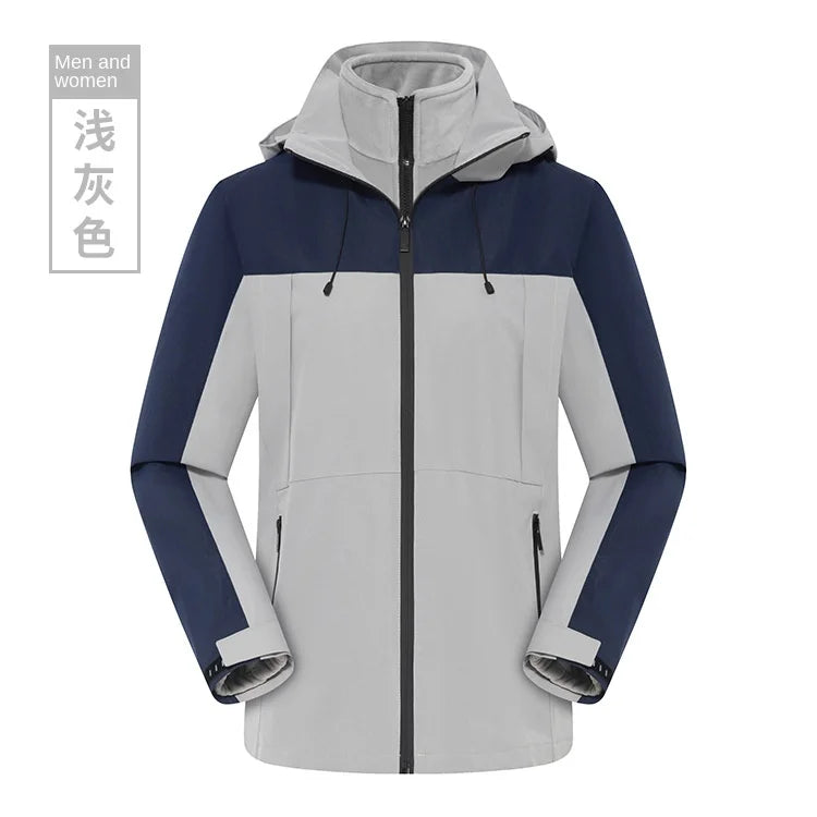 Men's Women's Three-in-One Outdoor Jacket for Autumn Winter Solid Two-Piece Detachable Design Zipper Windproof Waterproof