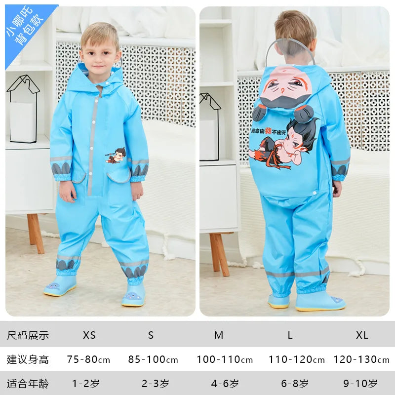 Children's Full Body Waterproof Protective Raincoat and Pants with Cartoon Yellow Duck Belt Backpack for Boys and Girls