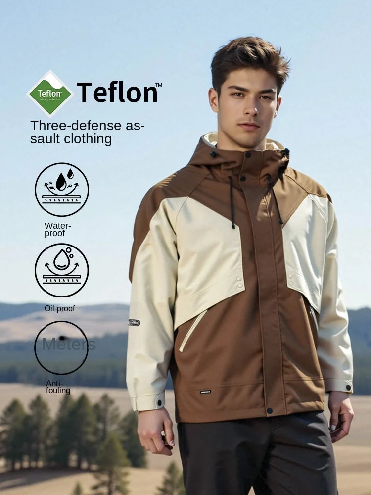 Men's Women's Stand Collar Two-Piece Hooded Outdoor Sports Jacket Windproof Waterproof Autumn Winter Zipper Woven Techniques