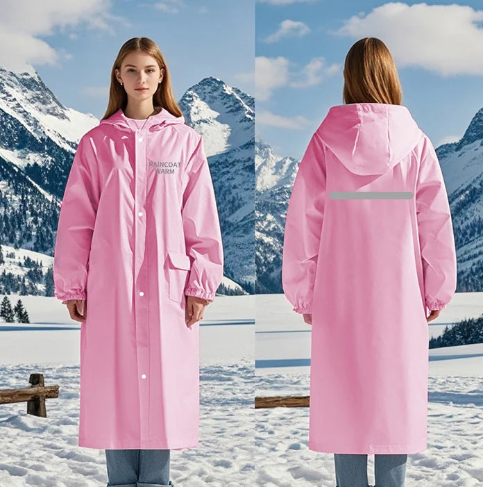 Adult Double Layer Raincoat With Warm Fleece Lining Logo Hood Waterproof Reflection Tape Outdoor Travel Riding Rain Boys Girls
