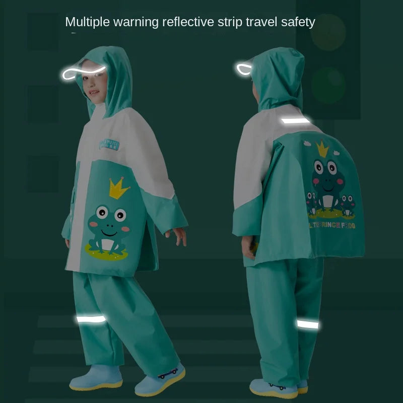 Children's Waterproof Rain Poncho Full Body Polyester Cartoon Style Raincoat Set for Boys Girls Primary School Student Rain Gear
