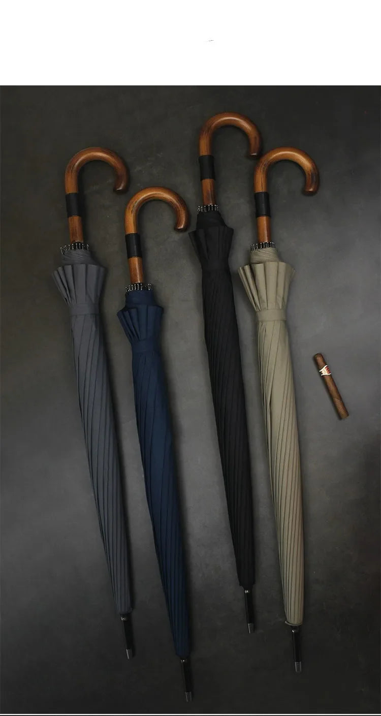 Luxury Automatic Wooden J Handle Business Umbrella With Custom Logo UV Printing Folding Feature for Rain Gifts