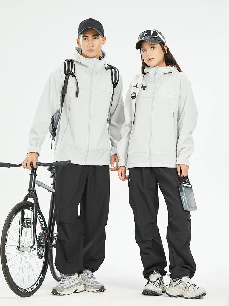 Women's Men's Sporty Zipper Closure Soft Shell Jacket Stand Collar Windproof Water Proof Hooded Raincoat Solid Pattern Size 3XL