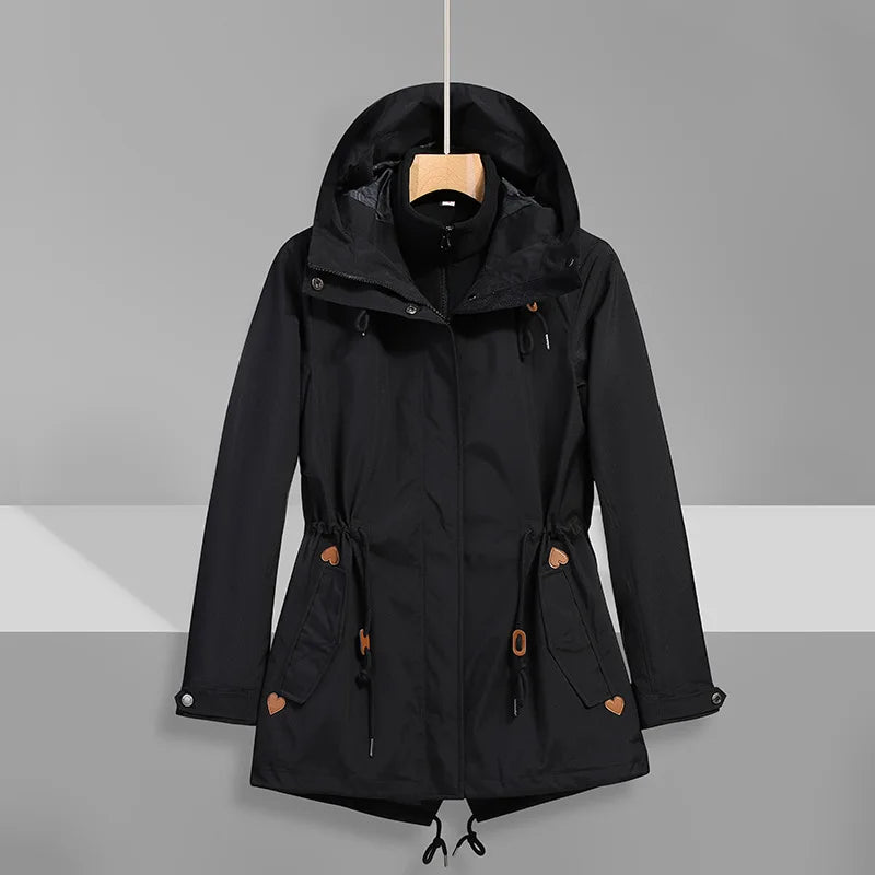 Women's Mid-Length Stand Collar Rain Jacket Waterproof Windbreaker Removable Inner Raincoat Coated for Fall Winter Outdoor Wear