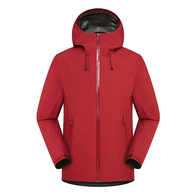 Unisex Outdoor Single Layer Light Color Rain Jacket Waterproof Hard Shell Windbreaker Jacket Zipper Hooded Raincoat for Hiking