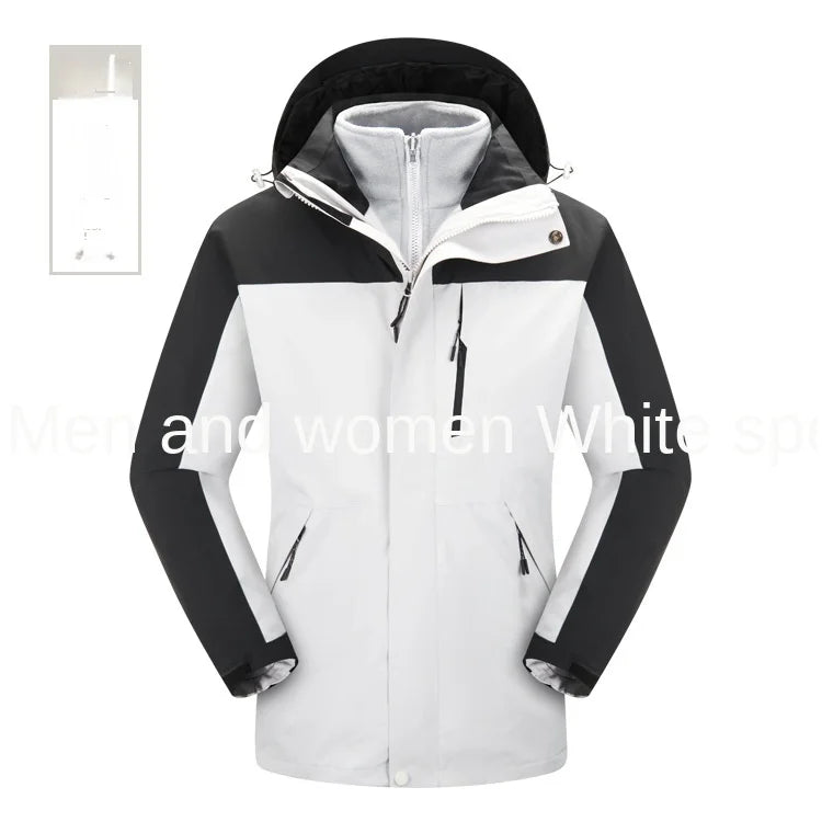 Men's Women's Waterproof Outdoor Winter Jacket Stand Detachable Three-in-One Windproof Cold-Proof Features Solid Zipper for