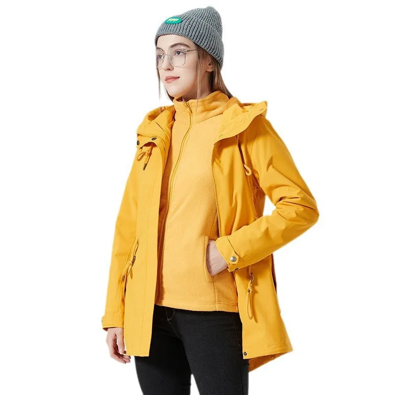 Women's Waterproof Windbreaker Jacket Mid-Length Stand Collar Rain Jacket Removable Inner Raincoat for Outdoor Fall Winter Wear