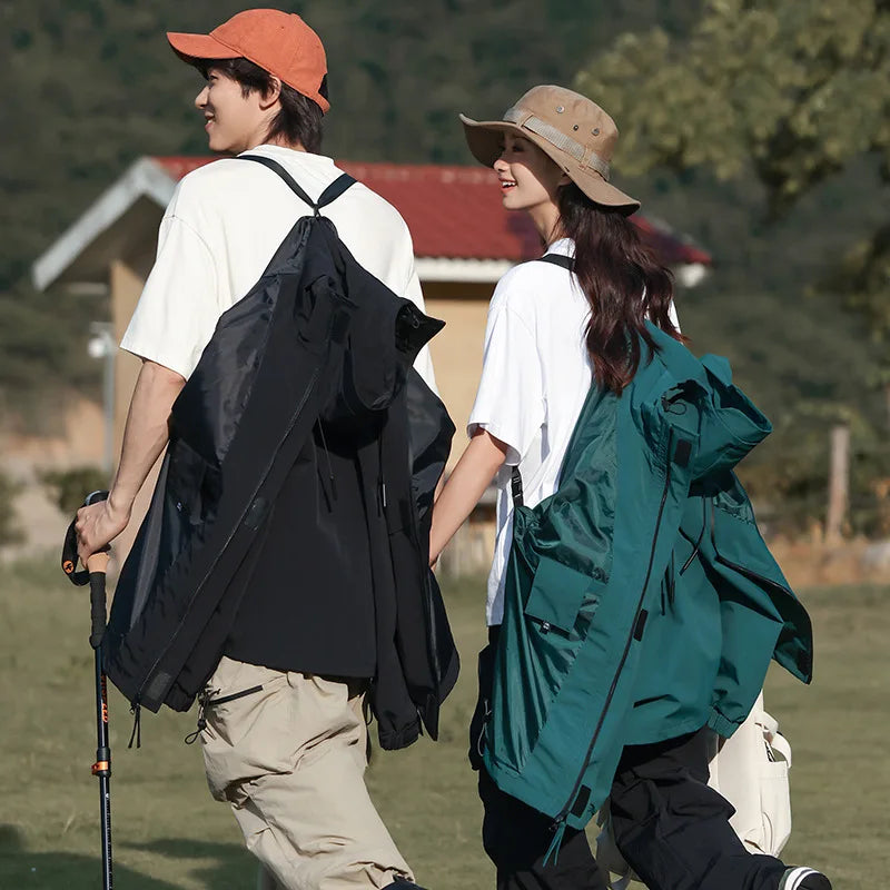 Couple Outdoor Hiking Jacket With Windproof Waterproof Cap Spring Rain Suit With Hooded Jacket Made Polyester Motorcycle Use