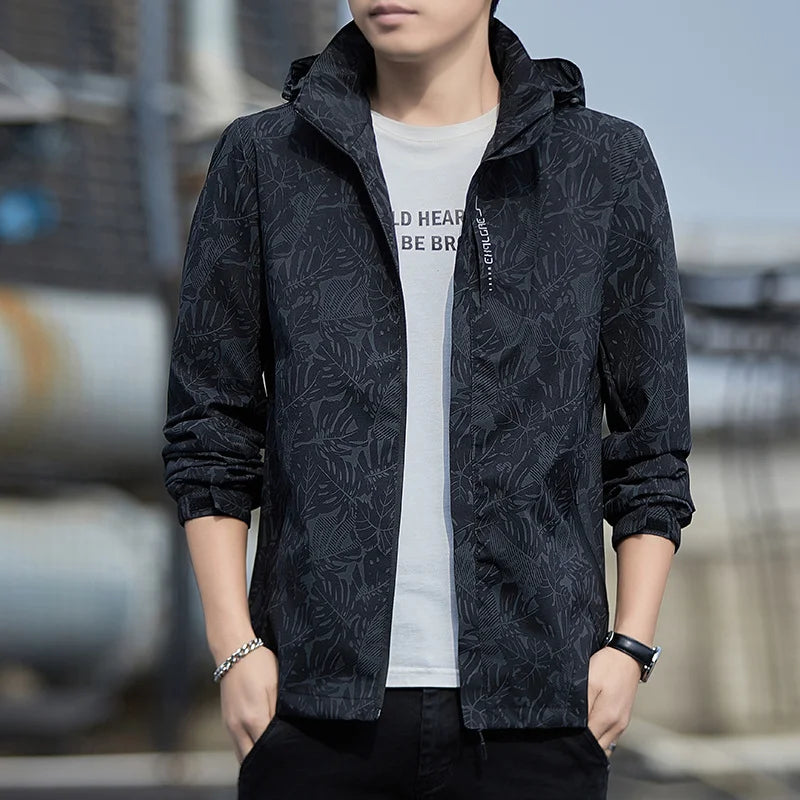 Men's Casual Print Hooded Windbreaker Jackets for Autumn Winter Sports Waterproof Windproof Fashionable for Couples Climb