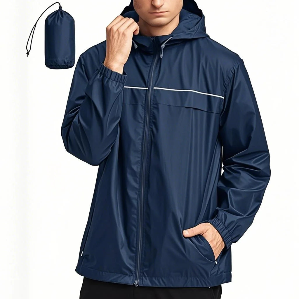 Men's Outdoor Rain Jacket Waterproof Windbreaker with Stand Collar and Zipper Closure Daily Casual Pullover with Double Layer