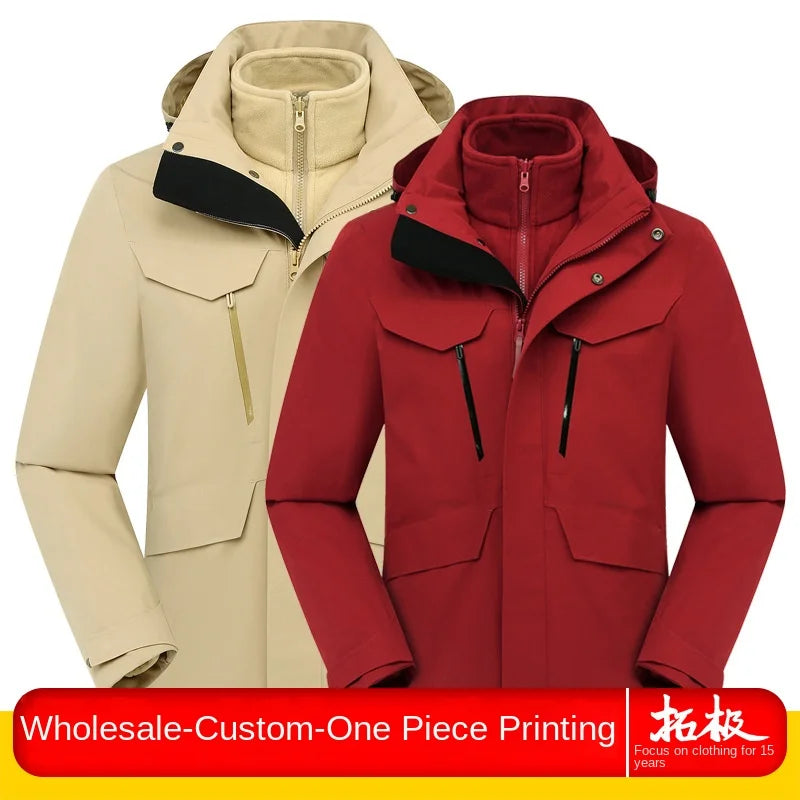 High-End Detachable Two-Piece Zipper Embroidered Logo Winter Workwear Windproof Waterproof Three-in-One Outdoor Hiking Jackets