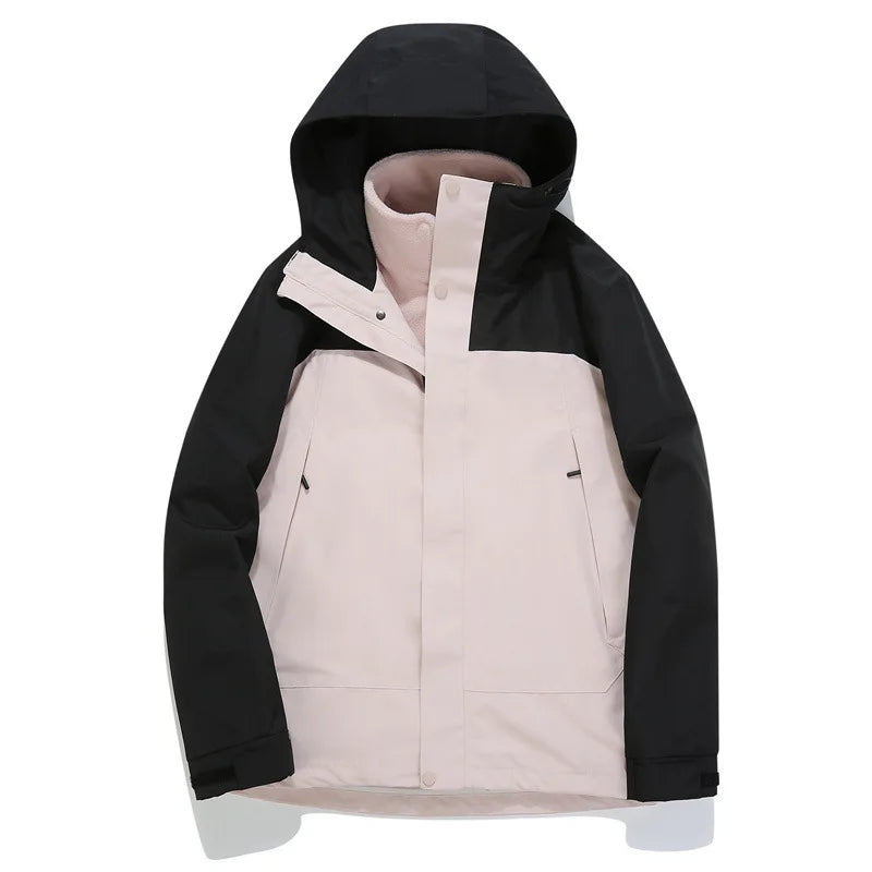 Autumn Winter Solid Stand Collar Unisex Three-in-One Two-Piece Detachable Windproof Waterproof Cold-Proof Ski Jacket