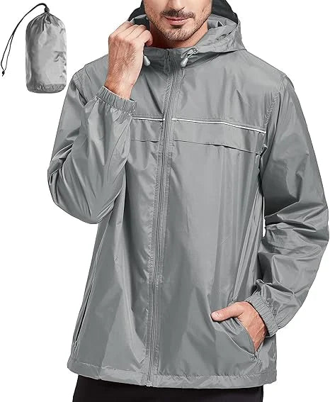 Men's Outdoor Rain Jacket Waterproof Windbreaker with Stand Collar and Zipper Closure Daily Casual Pullover with Double Layer