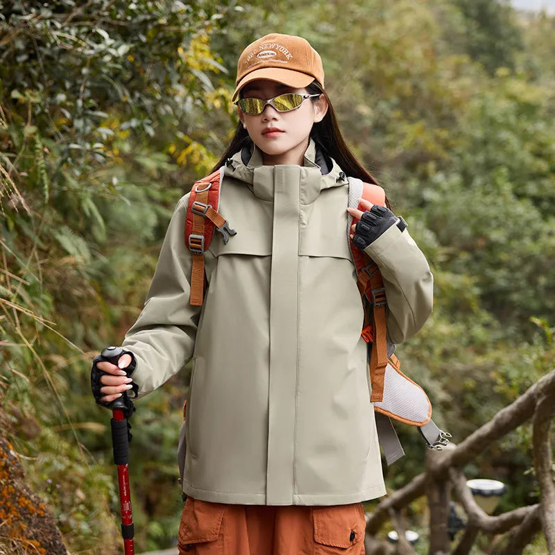 New Men's Women's Top Stand Outdoor Hard Shell Anti-Rainstorm Anti-Splashing Mountaineering Suit for Autumn Solid Zipper