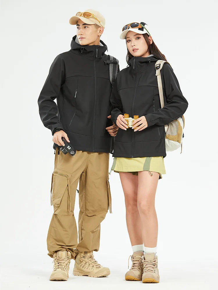 Women's Men's Sporty Zipper Closure Soft Shell Jacket Stand Collar Windproof Water Proof Hooded Raincoat Solid Pattern Size 3XL