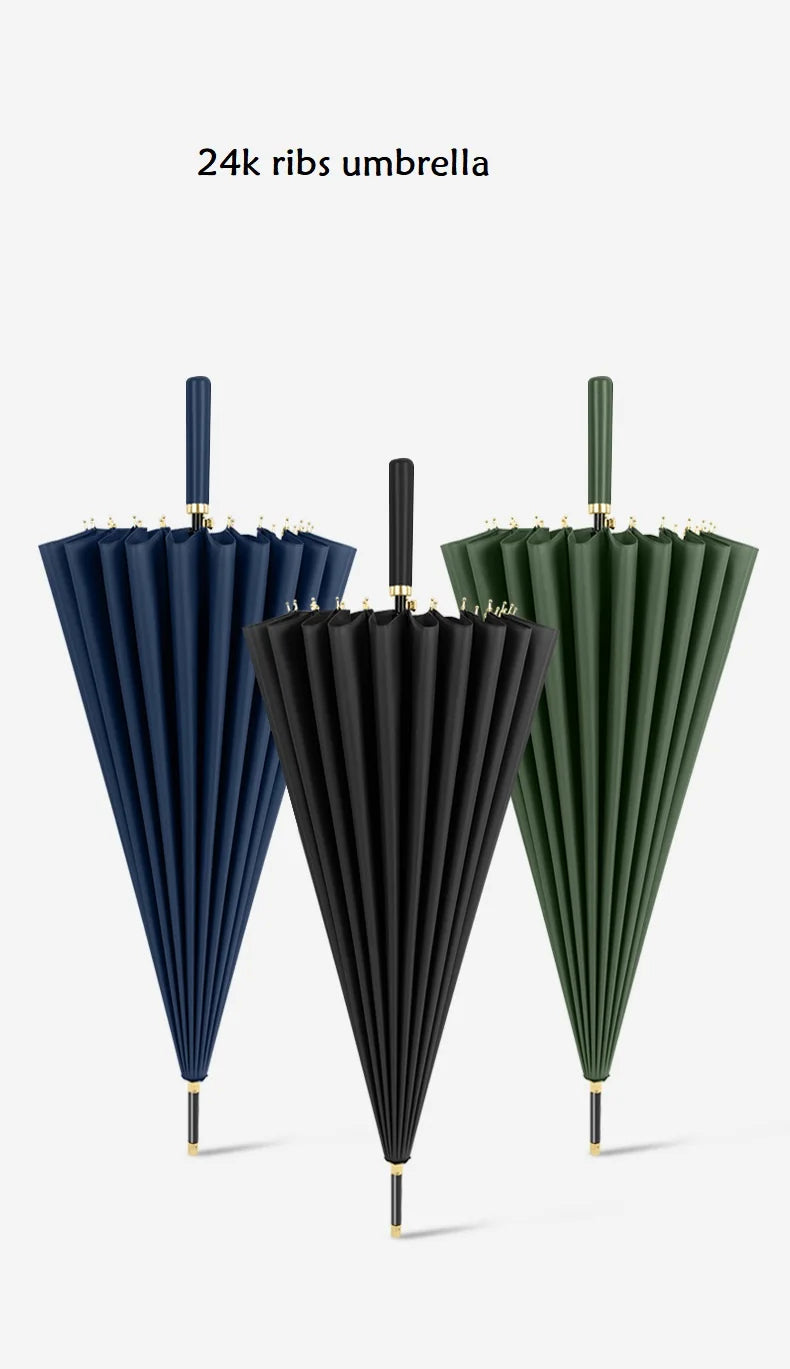 23-Inch 24K Japan Design Straight Umbrella Leather Handle Windproof Rain Customizable Logo Fabric Material Promotional Features