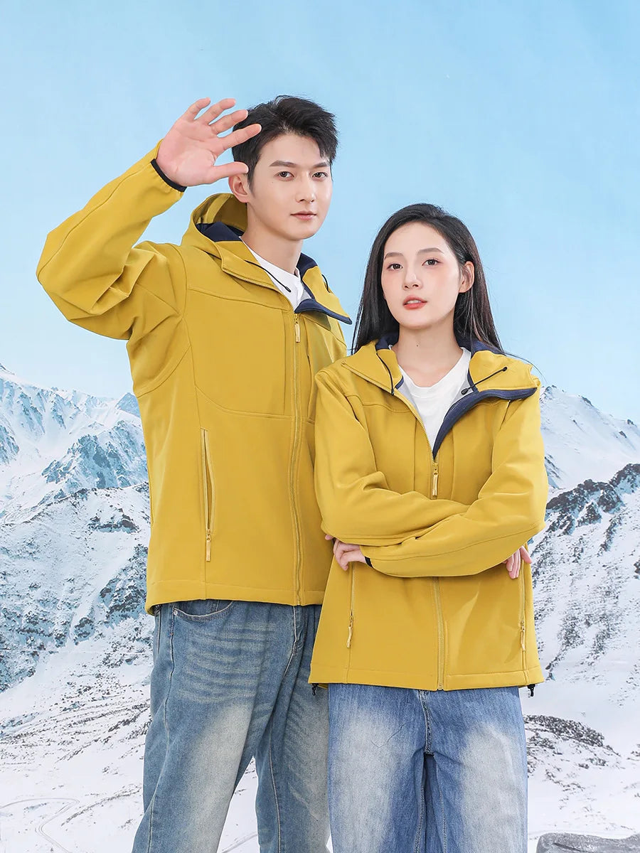 Men's Women's Waterproof Softshell Outdoor Jackets Fleece Lining Stand Collar Zipper Closure Winter Windbreaker XL