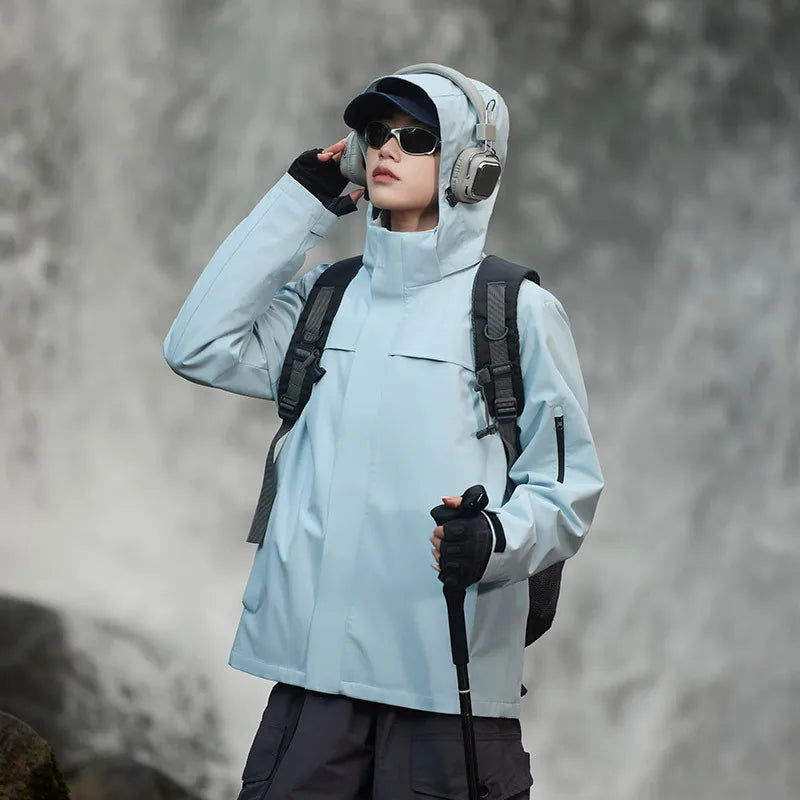 New Men's Women's Top Stand Outdoor Hard Shell Anti-Rainstorm Anti-Splashing Mountaineering Suit for Autumn Solid Zipper