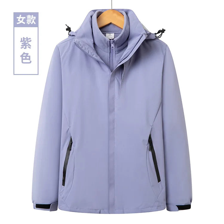 Men's Women's Outdoor Winter Work Clothes Rush Printed Logo Three-in-One Detachable Two-Piece Set Warm Waterproof Zipper