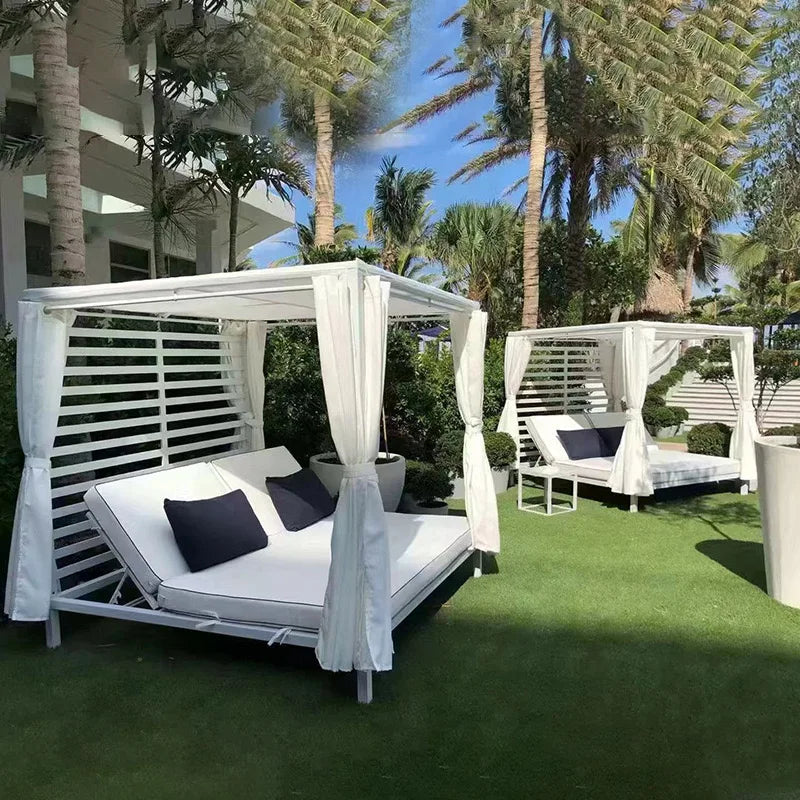 Outdoor Furniture Wicker Daybed With Curtain Beach Sun Lounger for Day Beds