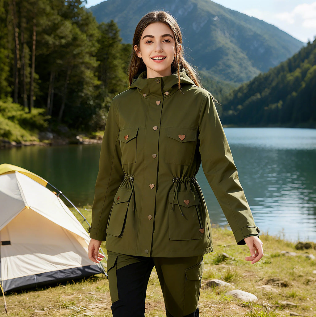 Women's Stylish Double-Layer Fleece Soft Shell Rain Jacket Waterproof Windproof Outdoor Rainproof Rain Gear for Bikers Hiking
