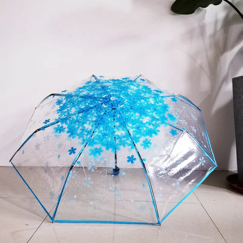 Wholesale Travel Sakura Cherry Printing Transparent 3-Folding  Umbrella Auto Open POE clear Umbrella Custom logo