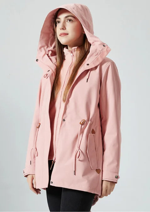 Women's Waterproof Windbreaker Jacket Mid-Length Stand Collar Rain Jacket Removable Inner Raincoat for Outdoor Fall Winter Wear
