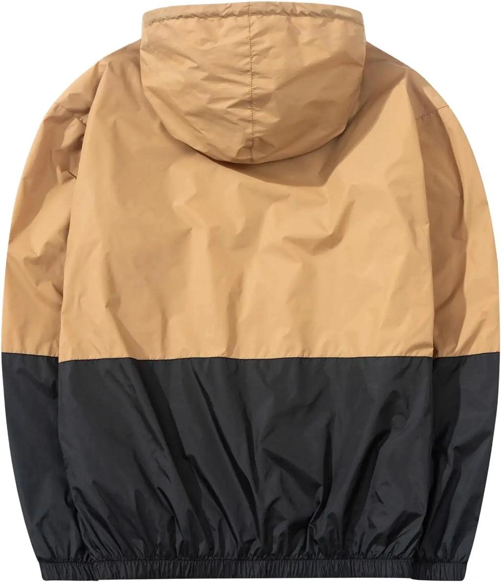 Men's Casual Canvas Windbreaker Jacket Lightweight Hooded Raincoat with Stand Collar for Winter Outdoor Pocketed