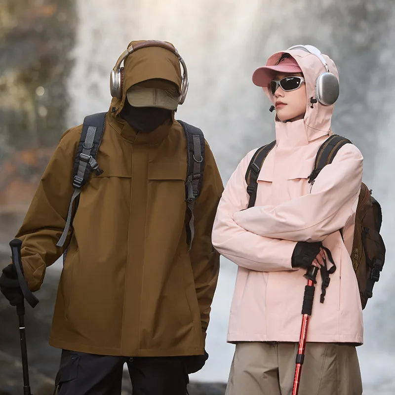 New Men's Women's Top Stand Outdoor Hard Shell Anti-Rainstorm Anti-Splashing Mountaineering Suit for Autumn Solid Zipper
