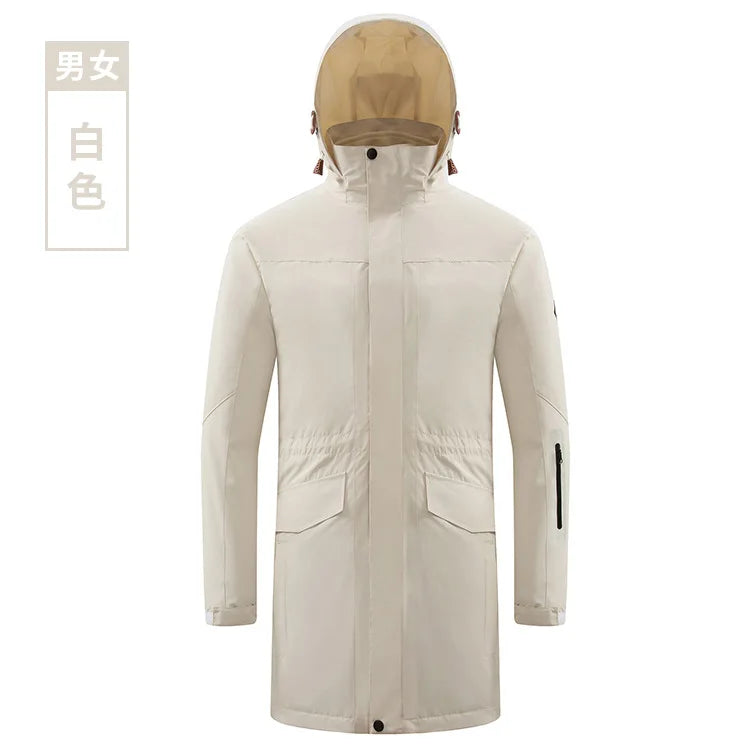 Men's Women's Long Three-in-One Detachable Winter Coat Stand Zipper Waterproof Breathable Logo Embroidery Outdoor Assault