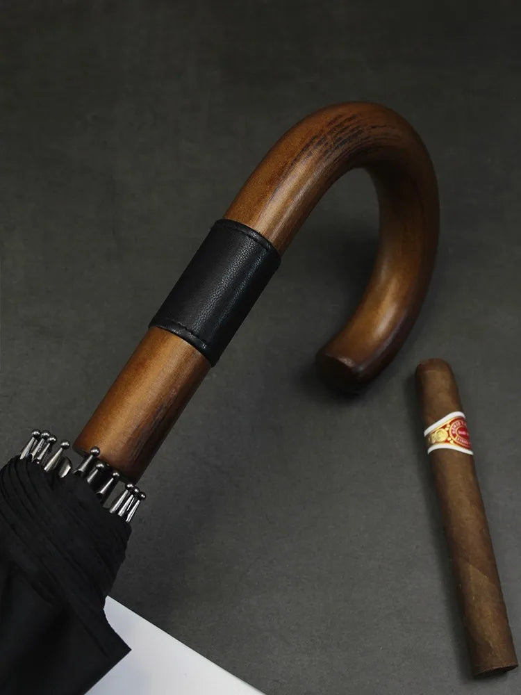 Luxury Automatic Wooden J Handle Business Umbrella With Custom Logo UV Printing Folding Feature for Rain Gifts