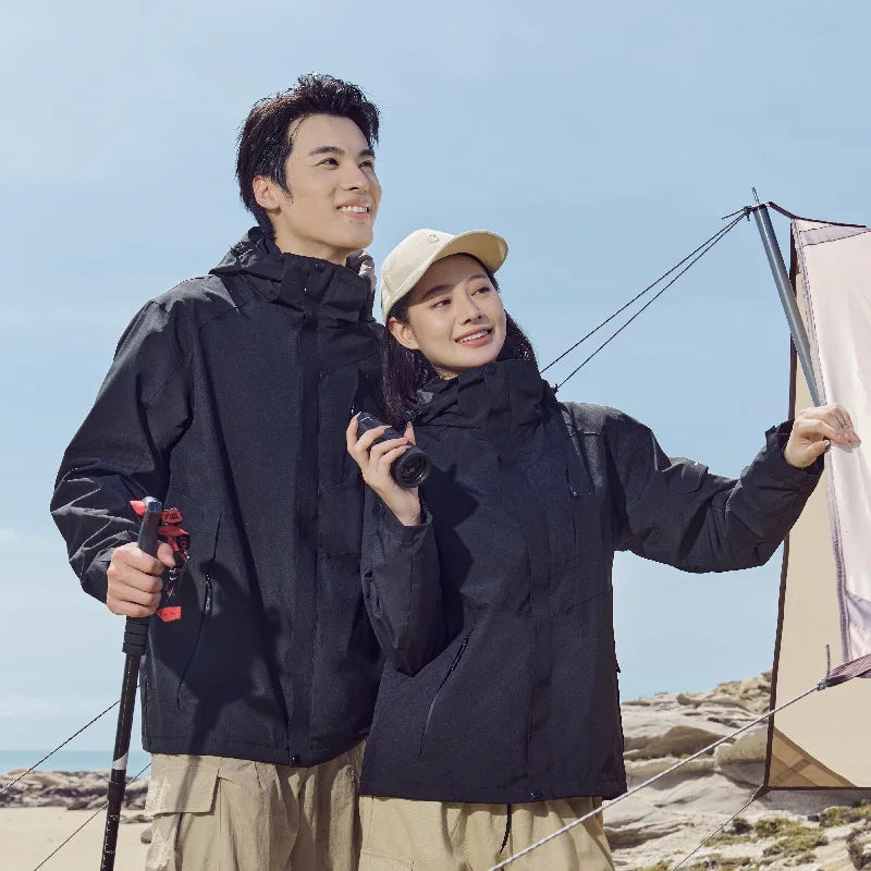 Outdoor Unisex Three-in-One Two-Piece Couple's Winter Solid Mountaineering Suit Jacket  Removable Waterproof Windproof Zipper