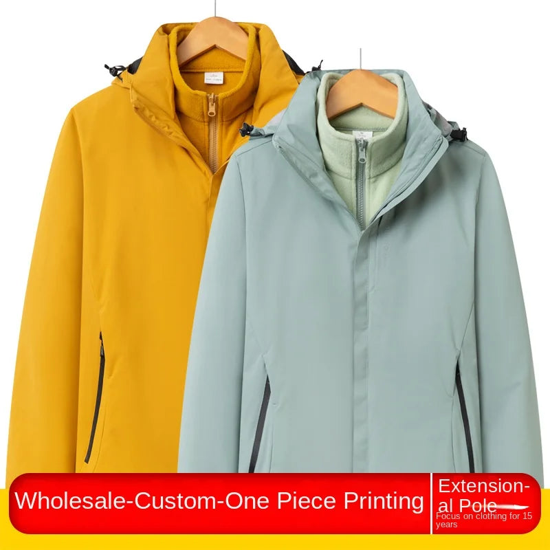 Men's Women's Outdoor Winter Work Clothes Rush Printed Logo Three-in-One Detachable Two-Piece Set Warm Waterproof Zipper