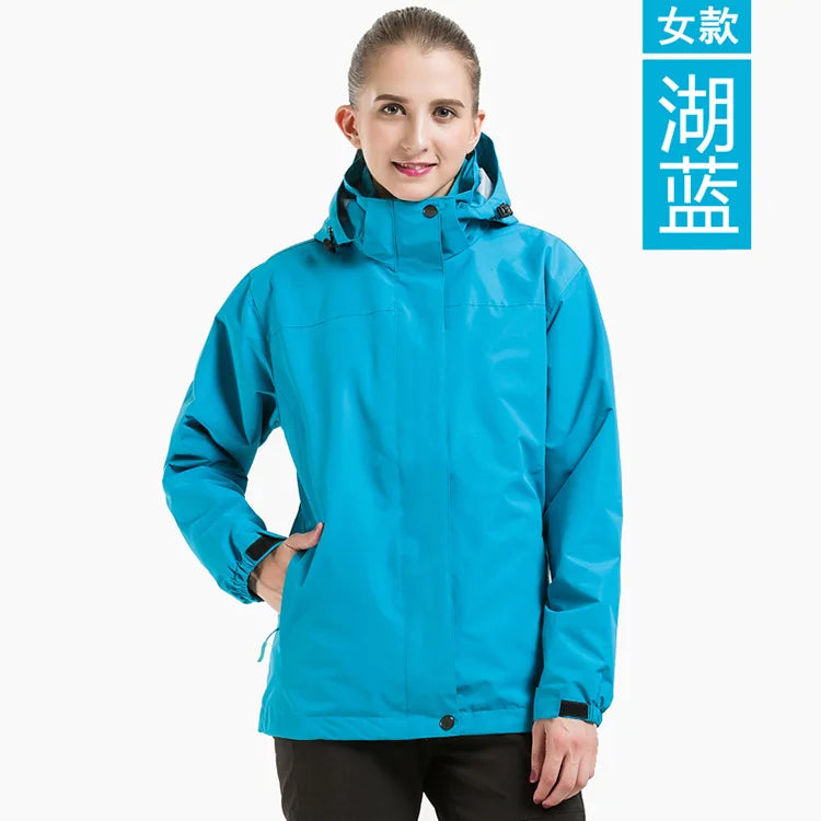 Men's Women's Solid Color Outdoor Jacket Detachable Two-Piece Three-in-One Ski Suit Stand Windproof Fleece-Lined Thickened