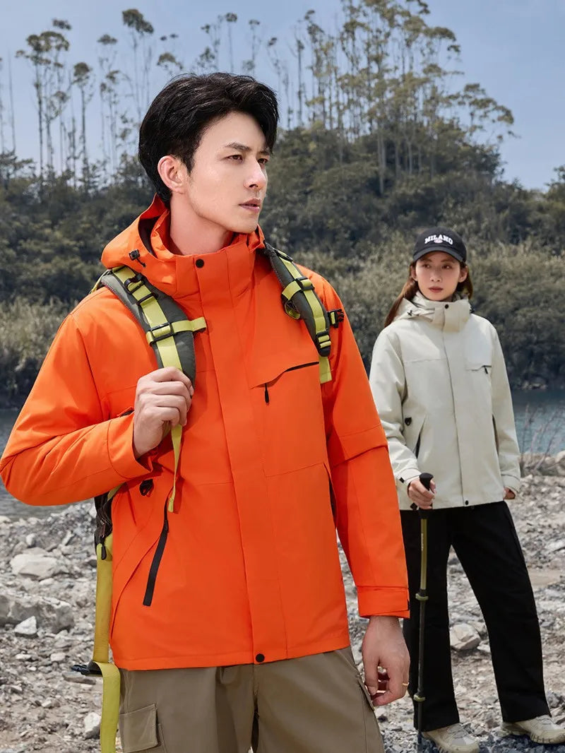 Unisex Winter Fleece Three-in-One Hooded Jacket Removable Zipper Closure Soft Nylon Shell Waterproof for Technology